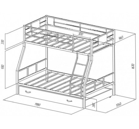 Двухъярусная кровать Гранада-1 ПЯ с полкой и ящиком на колёсах. Верхнее спальное место 190х90 см, нижнее 190х120 см